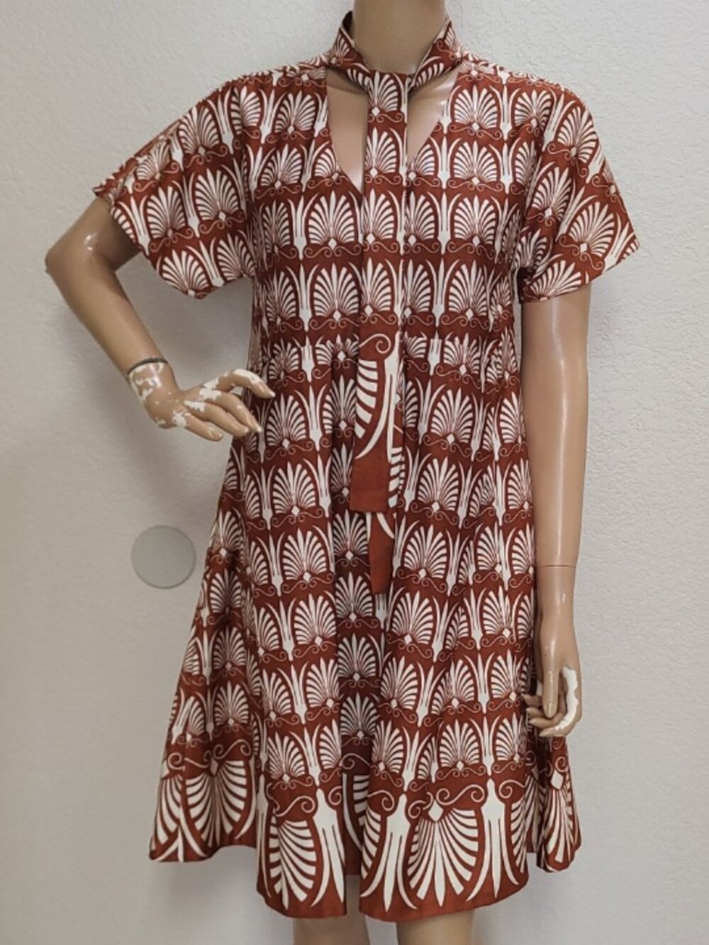 NEW NWT MARNI BROWN FAN PRINT FIT & FLARE TIE-NECK DRESS SILK-LIKE VISCOSE sz 40